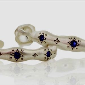 Adel Chefridi Wavy Hoops Sterling Silver Earrings Hand Engraved Blue Sapphires